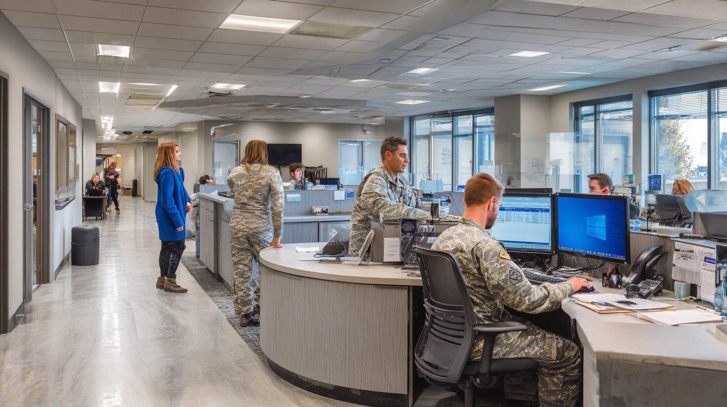 Postal service personnel processing and sorting mail at the McConnell Air Force Base Military Post Office customer service counter