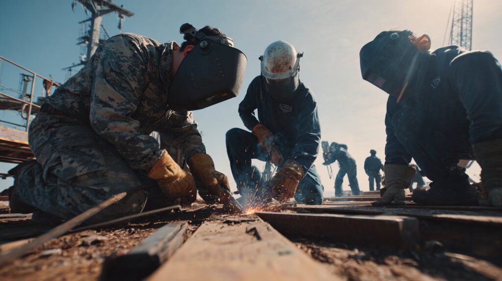 Navy sailor in camouflage uniform and a civilian instructor in a blue coverall welding structural steel on an outdoor ship deck, with additional trainees working in the background under a clear sky, illustrating live Seabee construction training at a Naval Construction Training Center learning site