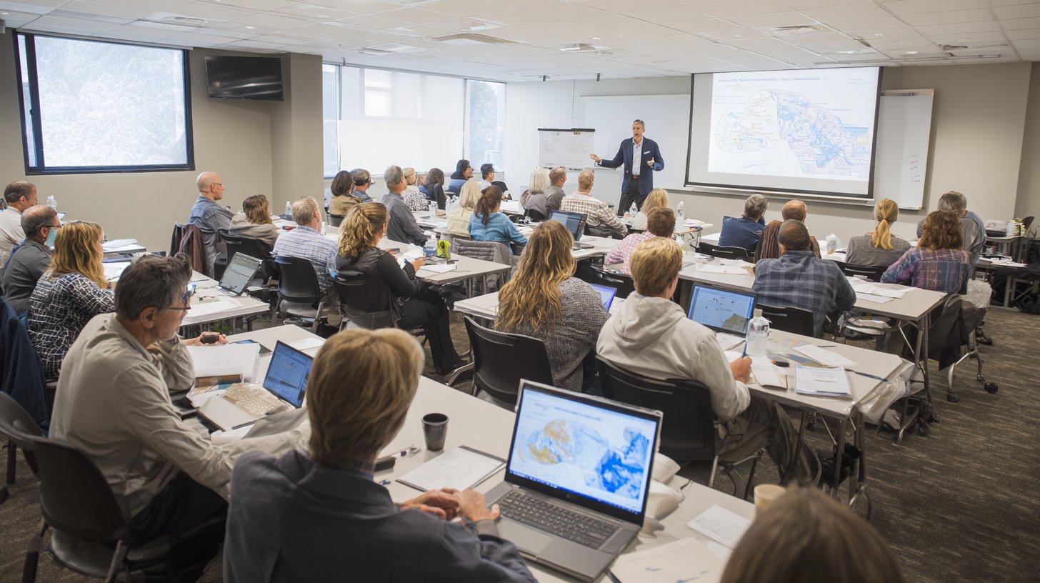 Instructor presenting geographic mapping data on a large projection screen to a full classroom of adult learners with laptops, representing GTS training services delivery for federal government and military education programs
